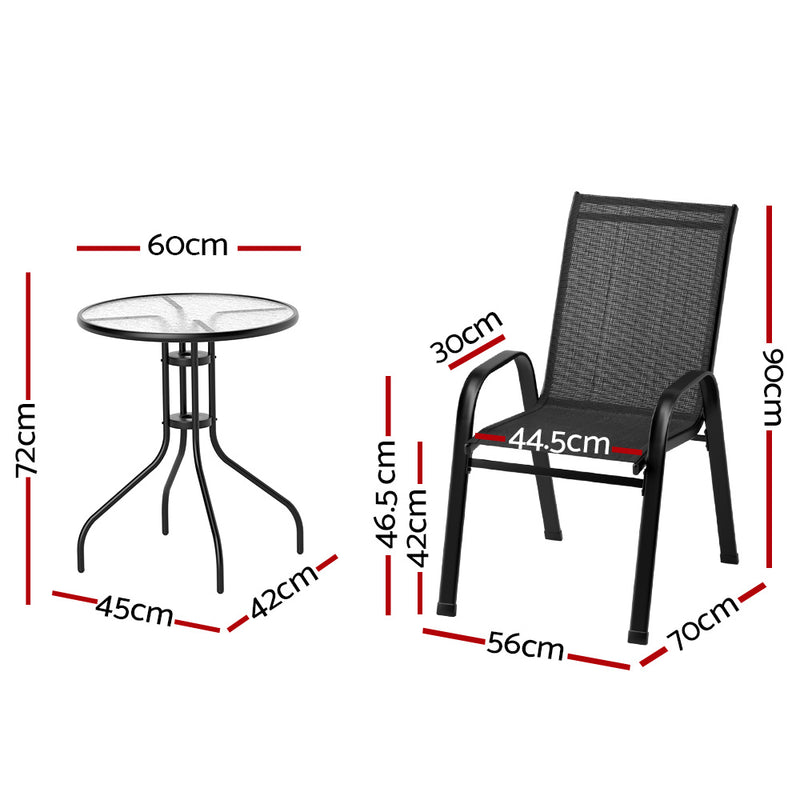 Gardeon 3PC Bistro Set Outdoor Table and Chairs Stackable Outdoor Furniture Black