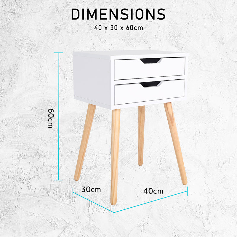 2X Bedside Table 2 Drawer Wood Leg Storage Cabinet Nightstand SUZY WHITE