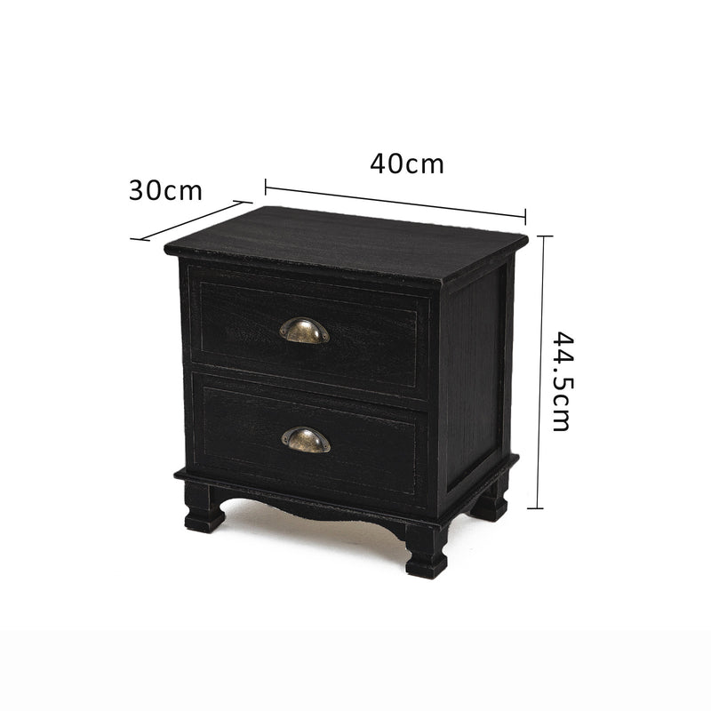 Bedside Table 2 Drawer Vintage Side Table Storage Cabinet Bedroom LYDIA BLACK