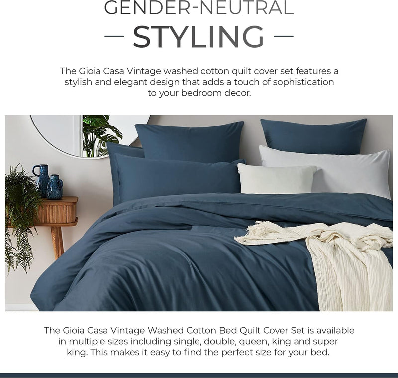 Gioia Casa 100% (2Pcs) Cotton Vintage Washed Bed Quilt Cover Set - Dark Indigo - Single