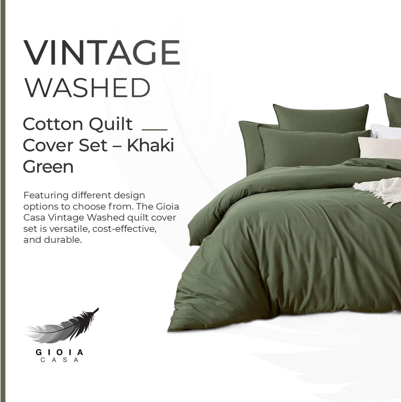 Gioia Casa 100% Cotton Vintage Washed Bed Quilt Cover Set (2Pcs) - Khaki Green - Single