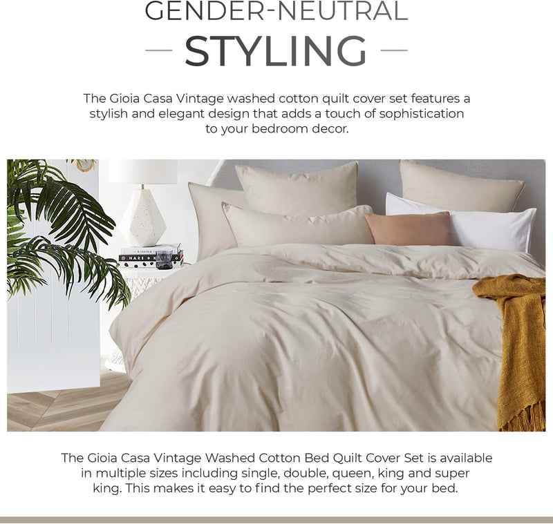 Gioia Casa 100% Cotton Vintage Washed Bed Quilt Cover Set (2Pcs) - Natural - Single