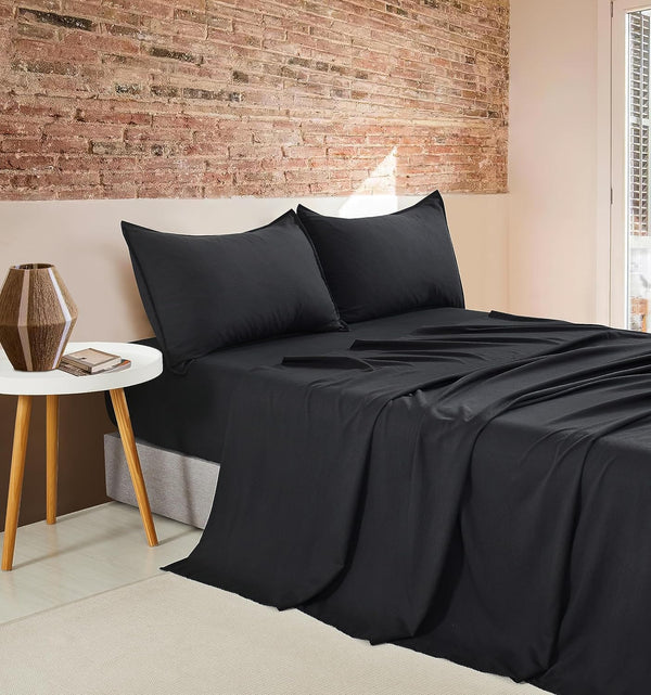 CleverPolly Vintage Washed Microfibre Sheet Set with 1 Pillowcase - Black - Single