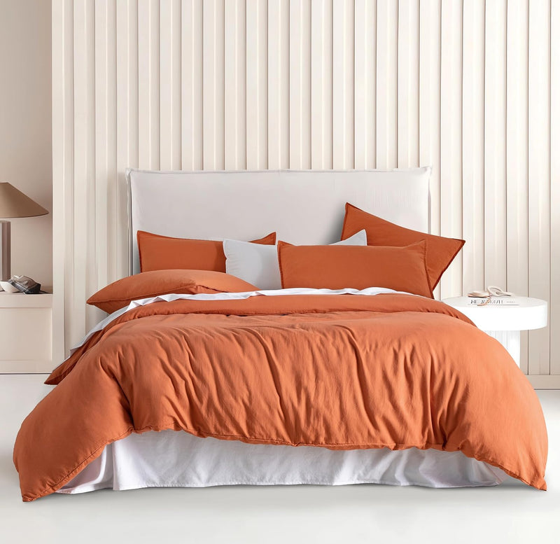 CleverPolly Vintage Washed Microfibre Quilt Cover Set (3Pcs) - Terracotta - Double Size