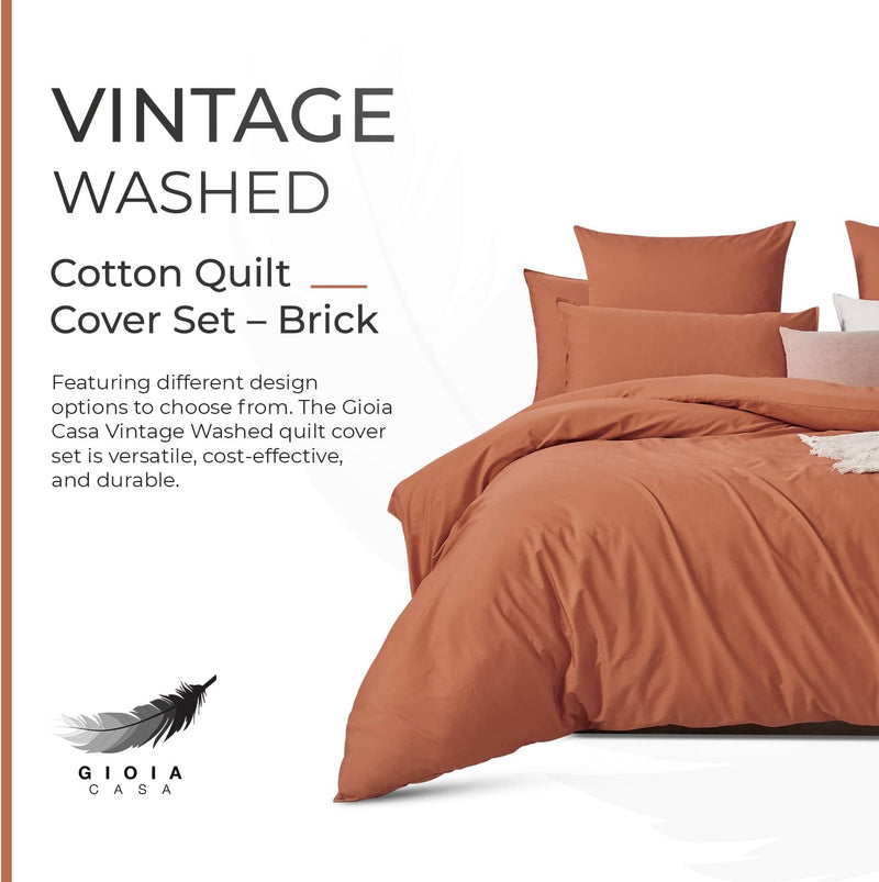 Gioia Casa 100% Cotton Vintage Washed Bed Quilt Cover Set (3Pcs) - Brick - Double Size