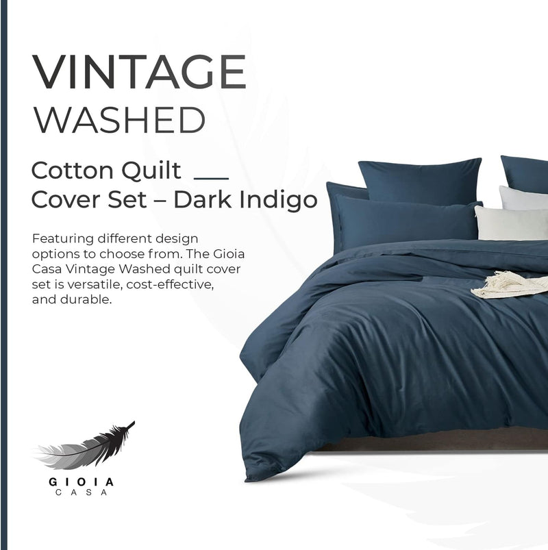 Gioia Casa 100% (3Pcs) Cotton Vintage Washed Bed Quilt Cover Set - Dark Indigo - Double Size