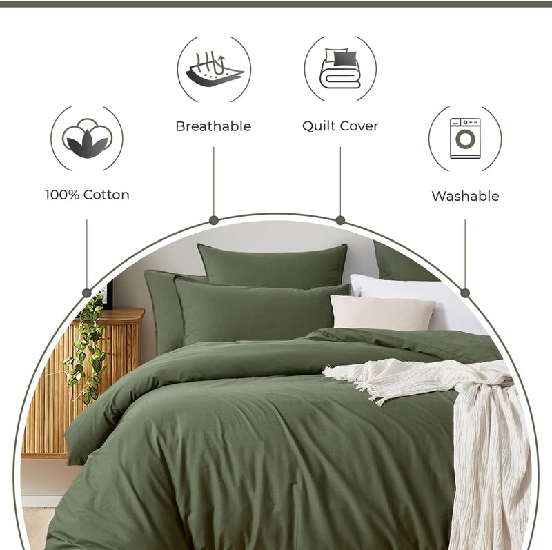 Gioia Casa 100% Cotton Vintage Washed Bed Quilt Cover Set (3Pcs) - Khaki Green - Double Size