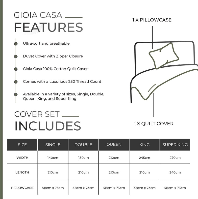 Gioia Casa 100% Cotton Vintage Washed Bed Quilt Cover Set (3Pcs) - Khaki Green - Double Size