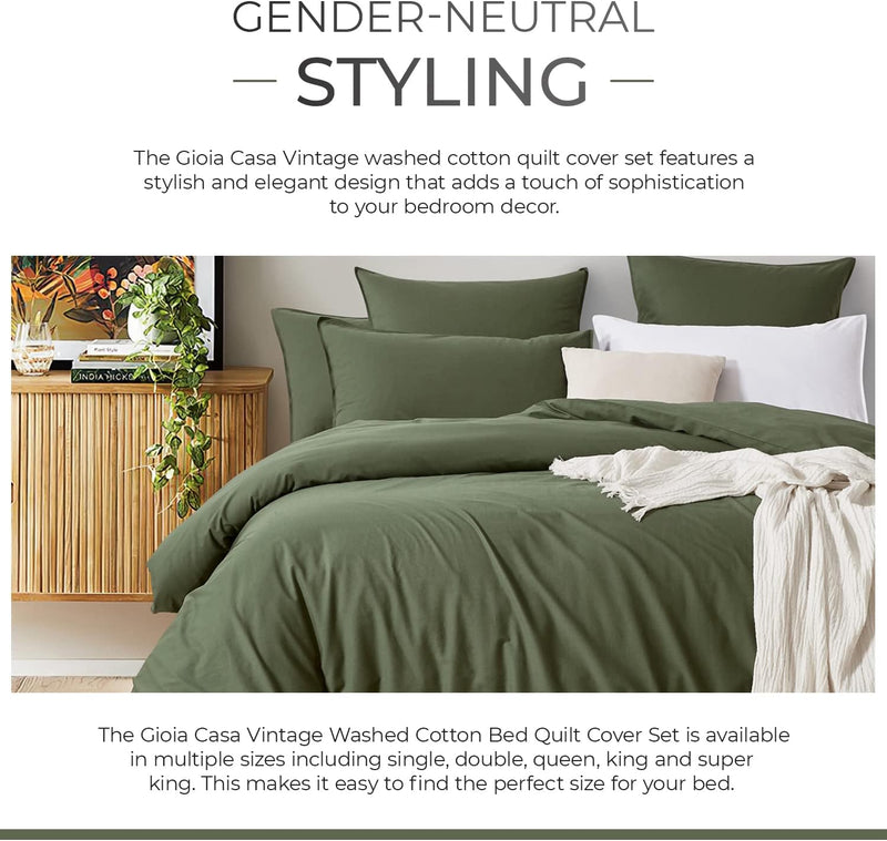 Gioia Casa 100% Cotton Vintage Washed Bed Quilt Cover Set (3Pcs) - Khaki Green - Double Size