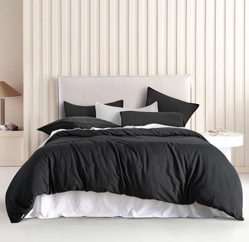 CleverPolly Vintage Washed Microfibre Quilt Cover Set (3Pcs) - Black - Queen Size