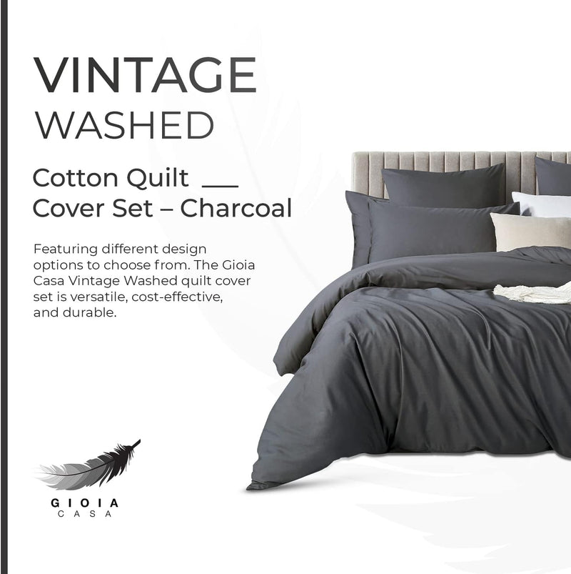 Gioia Casa 100% Cotton Vintage Washed Bed Quilt Cover Set (3Pcs) - Charcoal - Queen Size