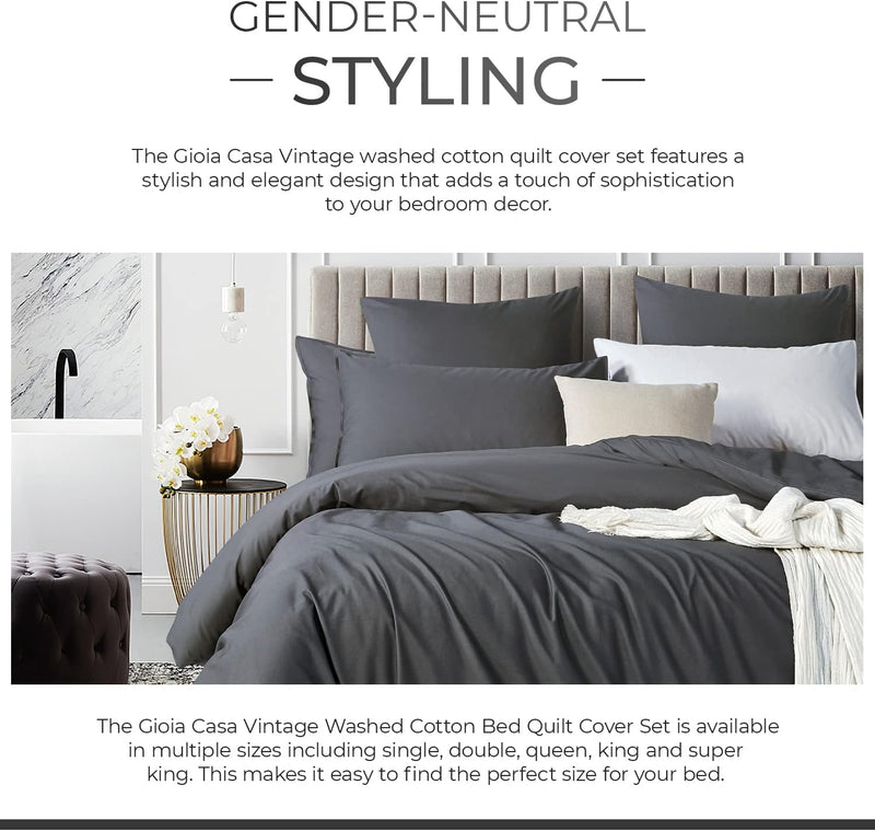 Gioia Casa 100% Cotton Vintage Washed Bed Quilt Cover Set (3Pcs) - Charcoal - Queen Size