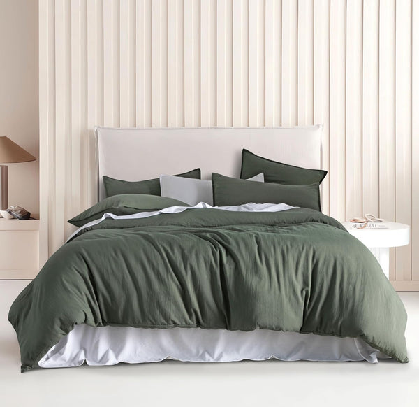 CleverPolly Vintage Washed Microfibre Quilt Cover Set (3Pcs) - Khaki Green - King Size