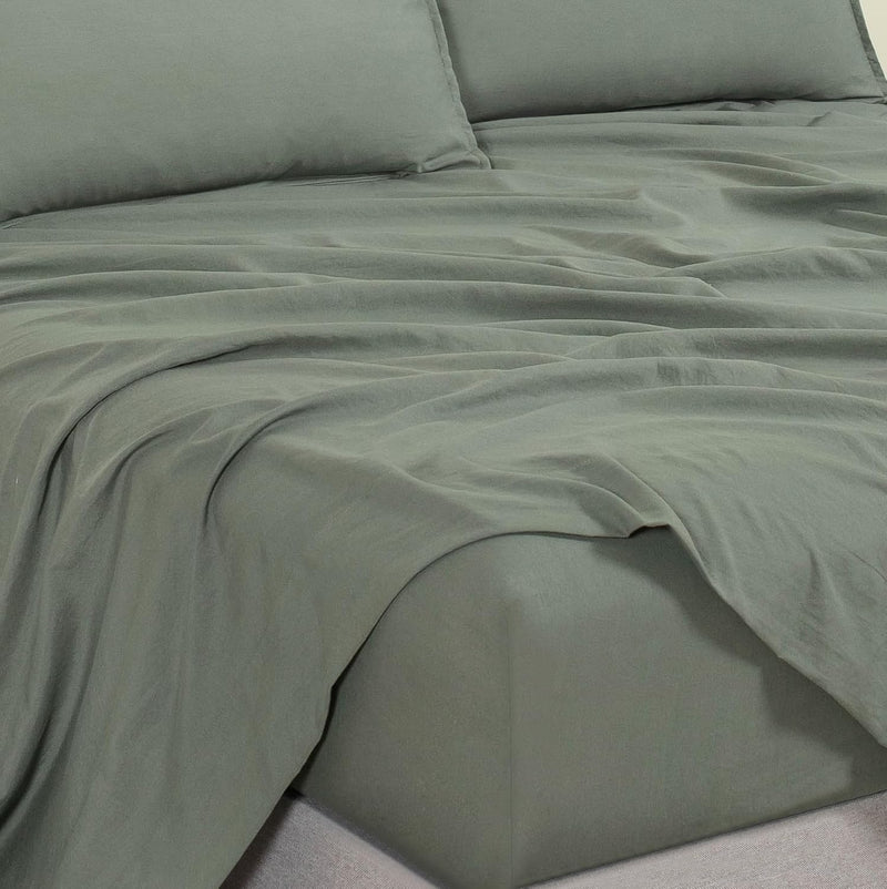 CleverPolly Vintage Washed Microfibre Sheet Set with 2 Pillowcases - Khaki Green - King