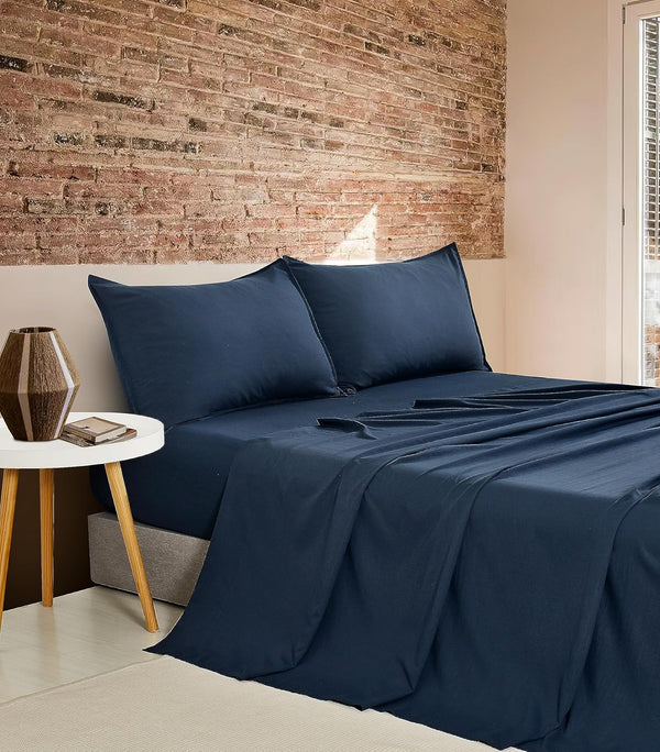 CleverPolly Vintage Washed Microfibre Sheet Set with 1 Pillowcase - Navy - King Single