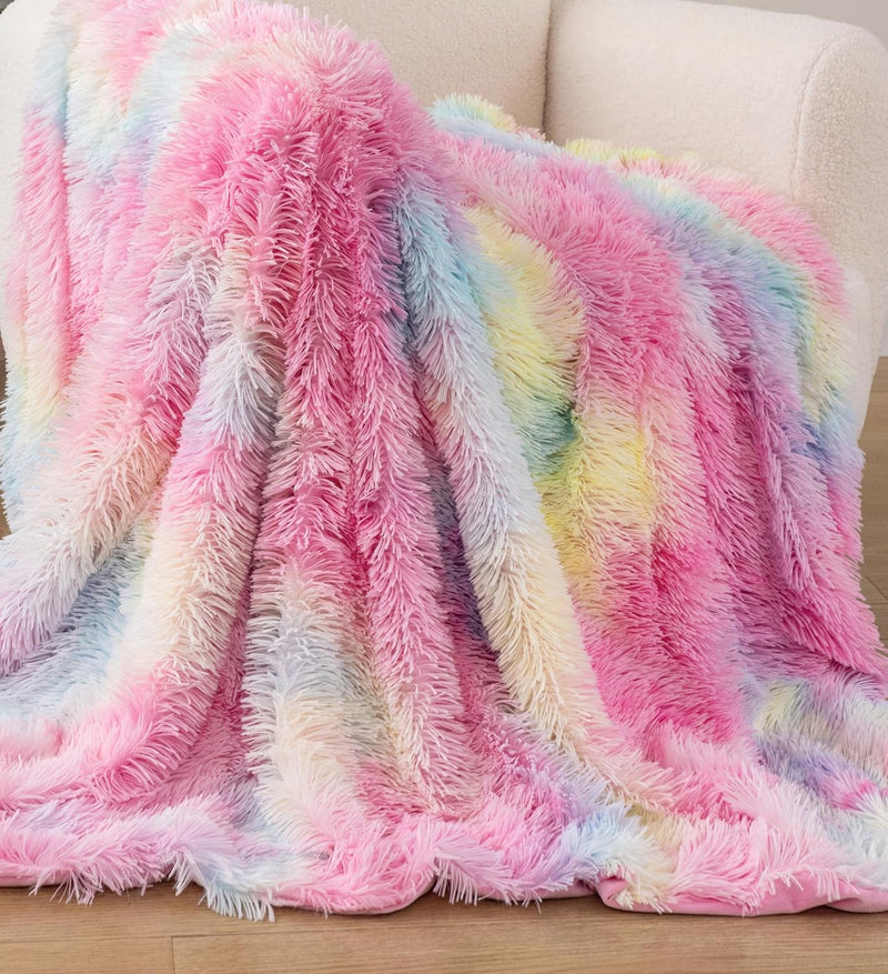 Gioia Casa Double Sided Faux Fur Shaggy Throw Blanket - Rainbow