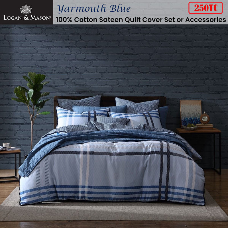 Logan & Mason Yarmouth Blue 250TC 100% Cotton Sateen Quilt Cover Set Queen