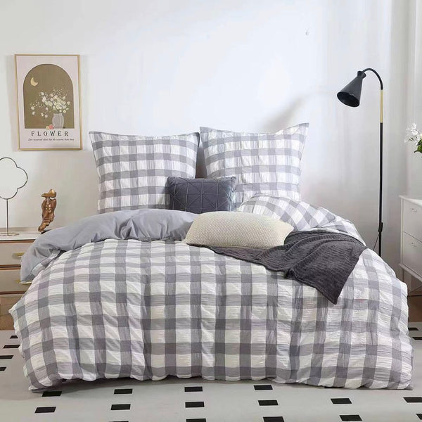 Rylee Grey Check Seersucker Quilt Cover Set - Queen Size