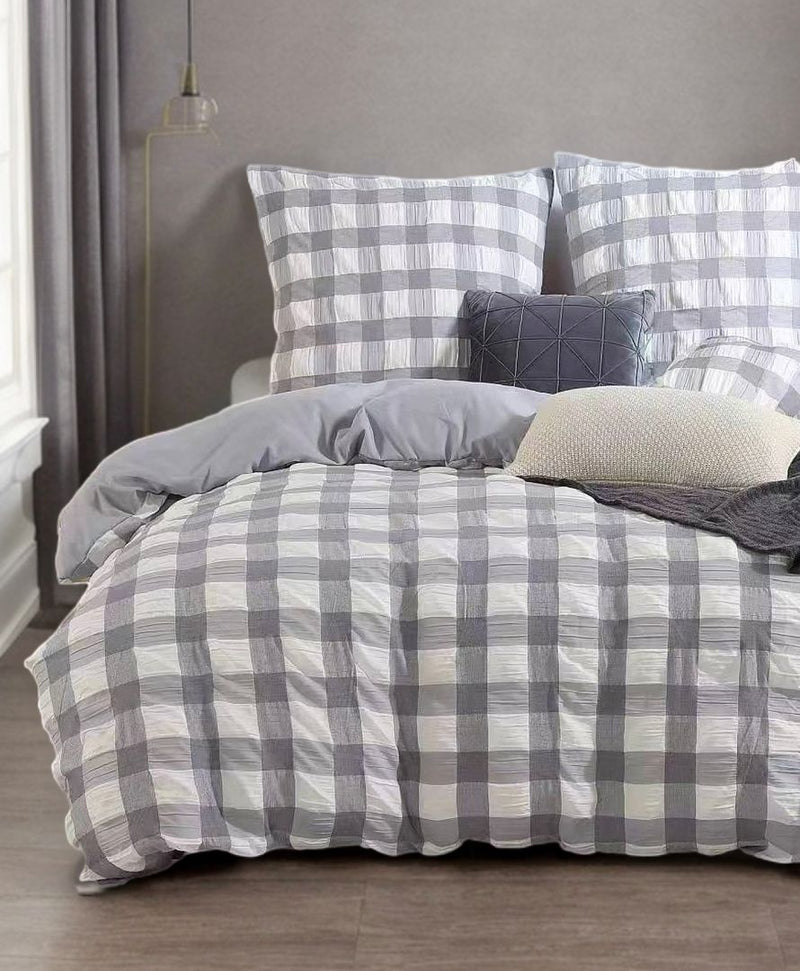 Rylee Grey Check Seersucker Quilt Cover Set - Queen Size