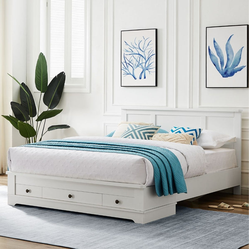 Margaux White Coastal Lifestyle Bedframe with Storage Drawers Queen