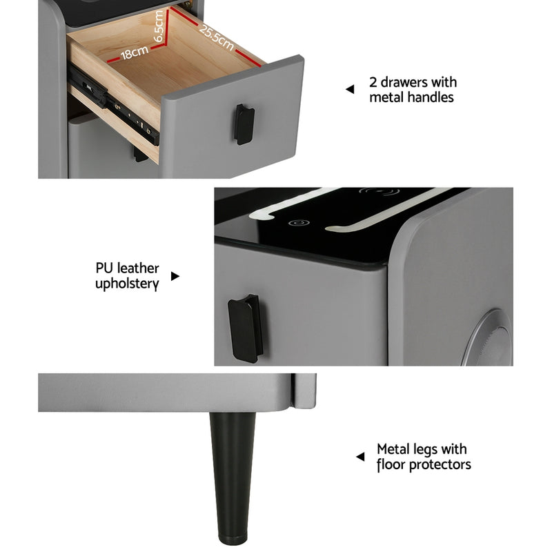 Artiss Smart Bedside Table 2 Drawers with Wireless Charging Ports LED Grey AIDA