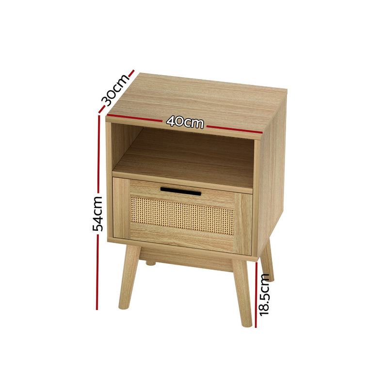 Artiss Rattan Bedside Table 1 Drawer with Shelf - REI Oak