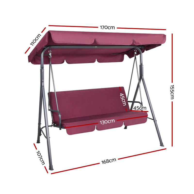 Gardeon Outdoor Swing Chair Garden Bench Furniture Canopy 3 Seater Wine Red