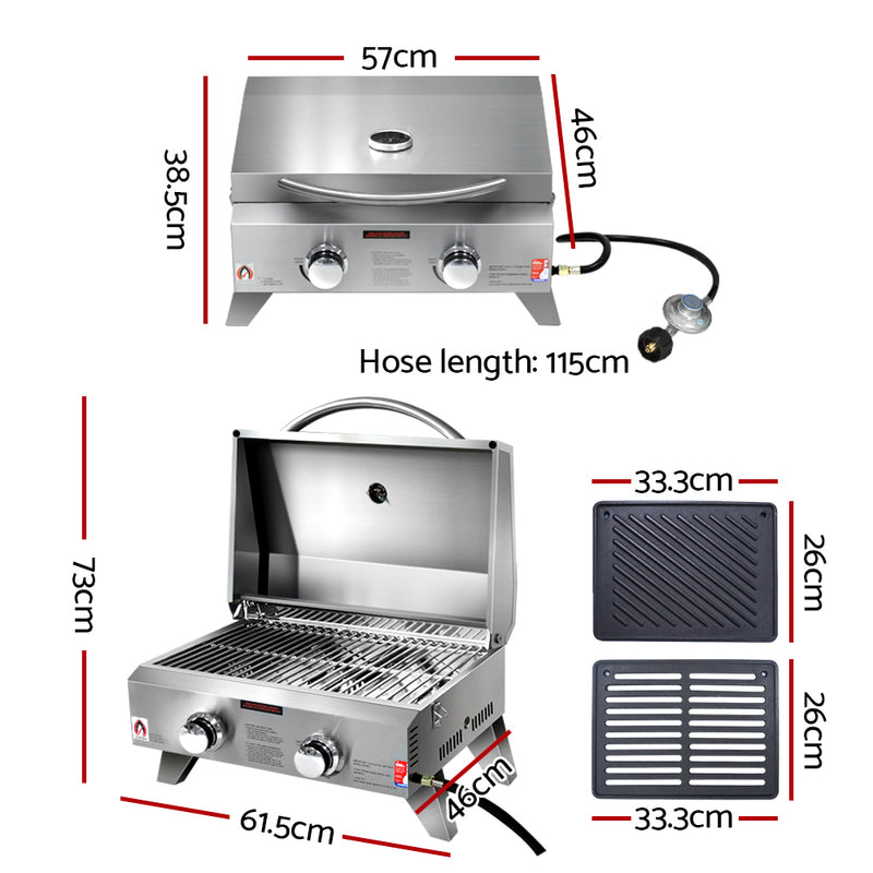 Grillz Portable Gas BBQ Grill 2 Burners with Double Sided Plate