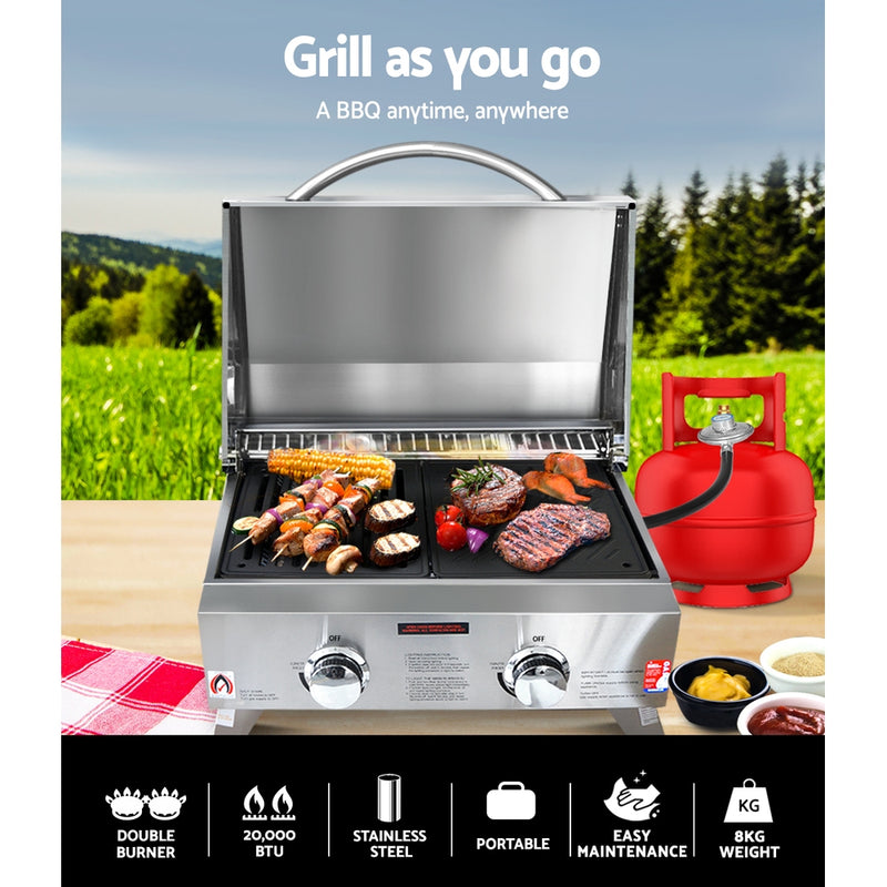 Grillz Portable Gas BBQ Grill 2 Burners with Double Sided Plate