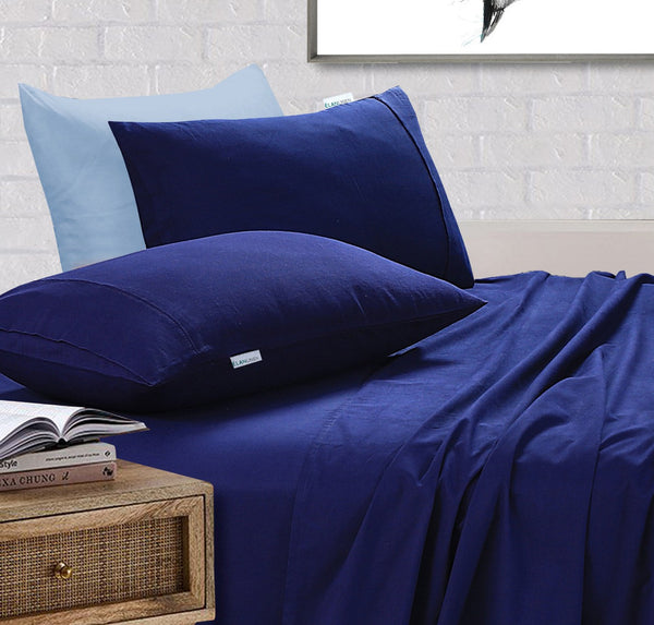 Elan Linen 100% Egyptian Cotton Vintage Washed 500TC Navy Blue Double Bed Sheets Set