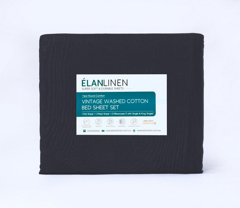 Elan Linen 100% Egyptian Cotton Vintage Washed 500TC Charcoal Single Bed Sheets Set