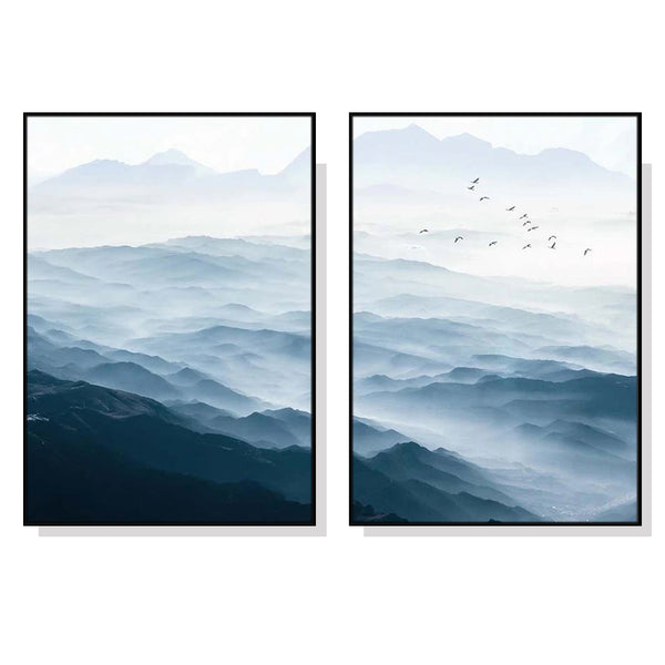 Wall Art 100cmx150cm Blue mountains 2 Sets Black Frame Canvas