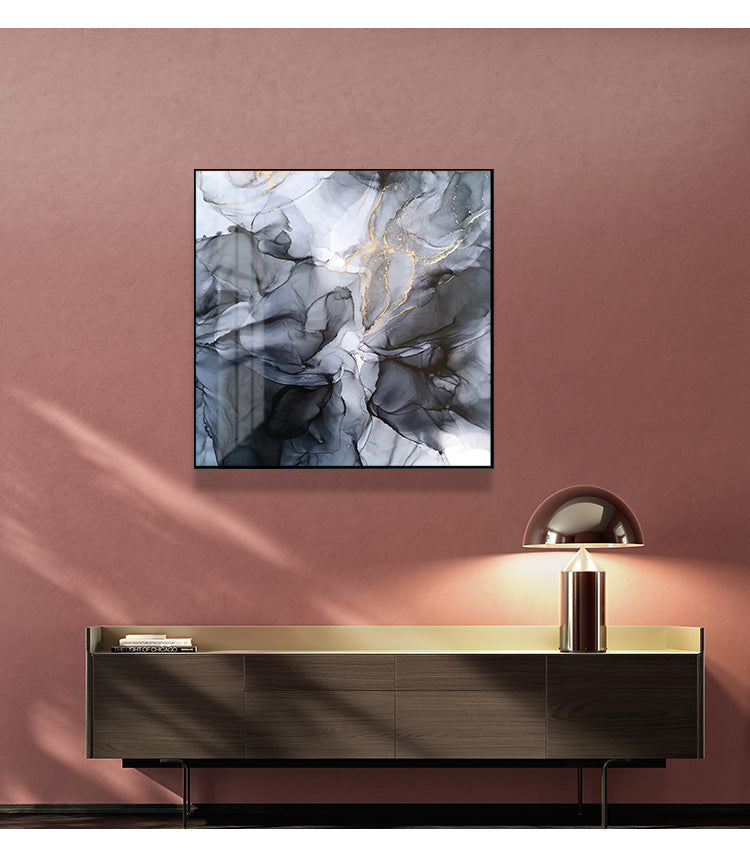 Wall Art 90cmx90cm Marbled Black Grey Black Frame Canvas