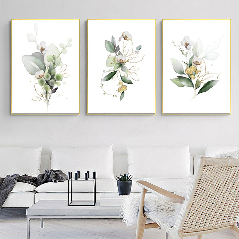 Wall Art 80cmx120cm Green and Gold Watercolor Botanical 3 Sets Gold Frame Canvas