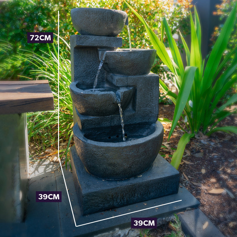 PROTEGE Solar Fountain Water Feature Outdoor 4 Bowl with LED Lights - Charcoal