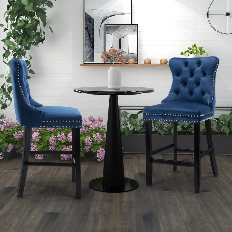 4X Velvet Bar Stools with Studs Trim Wooden Legs Tufted Dining Chairs Kitchen