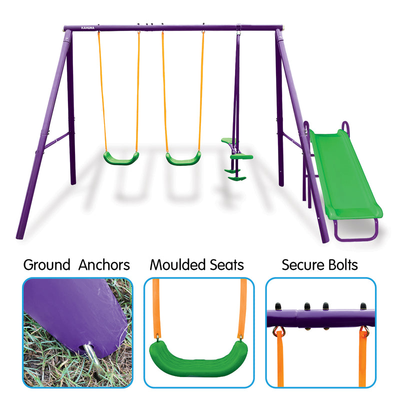 Kahuna Kids 4-Seater Swing Set with Slide Purple Green