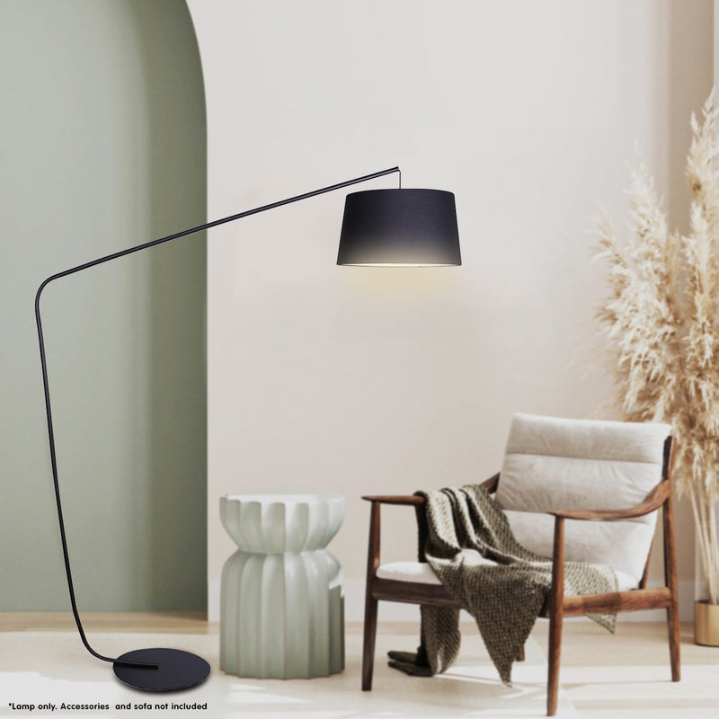 Sarantino Metal Arc Floor Lamp in Black Finish with Linen Taper Shade