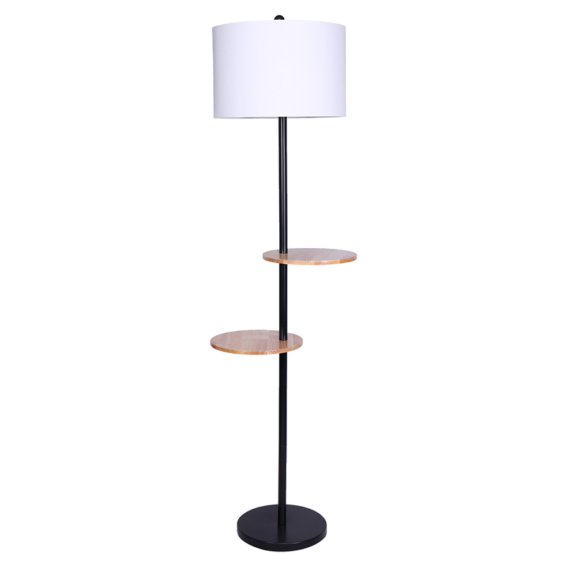 Sarantino Metal Floor Lamp Shade with Black Post in Round Wood Shelves