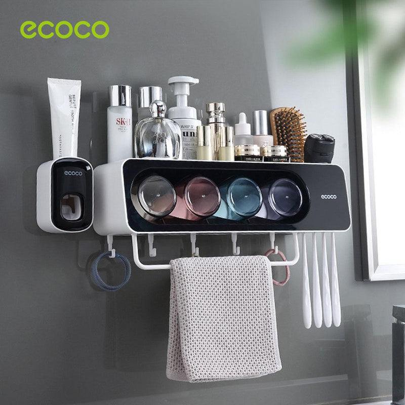 Ecoco Wall-Mounted Toothbrush Holder with 4 Cups and 4 Toothbrush Slots Toiletries Bathroom Storage Rack Grey