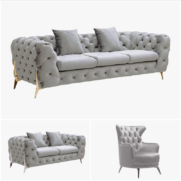 Grand Tufted Lounge - Light Grey Velvet - Silver Legs