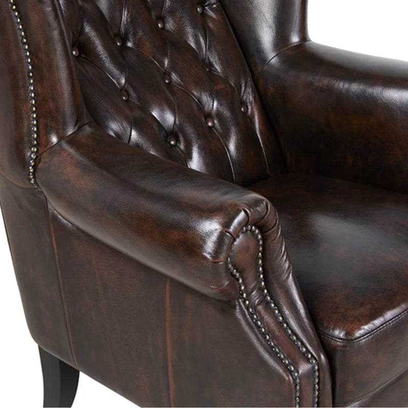 Max Chesterfield Winged Armchair Single Seater Sofa Genuine Leather Antique Brown