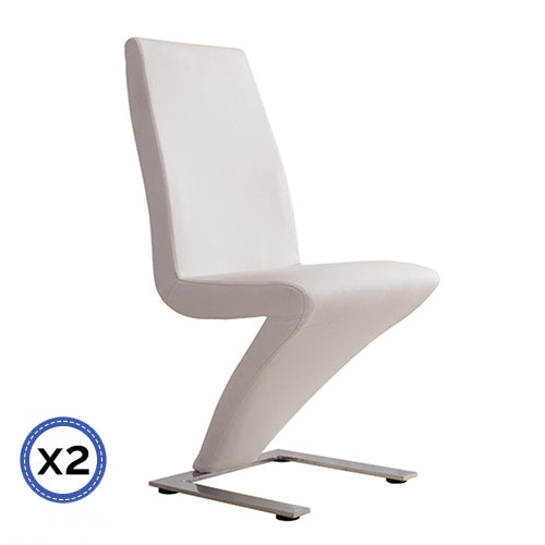 2x Z Shape White Leatherette Dining Chairs with Stainless Base