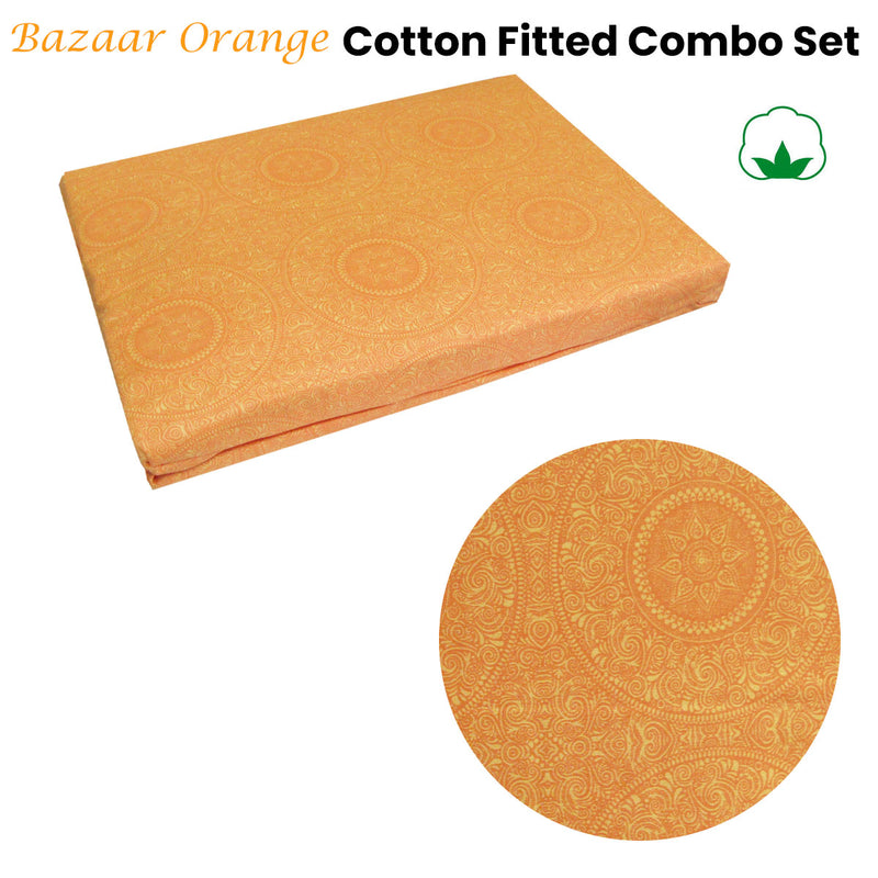 Bazaar Orange Cotton Fitted Combo Set Double