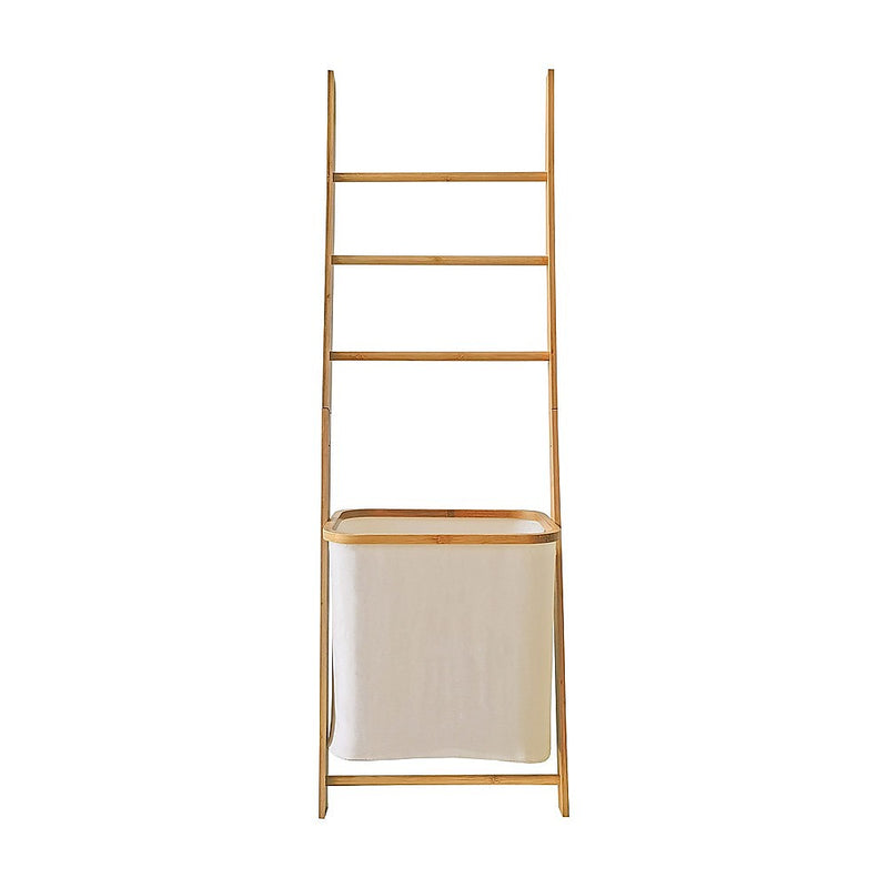 Wall Leaning Ladder Shelf with Laundry Basket Clothes Hamper Bath Towel Rack