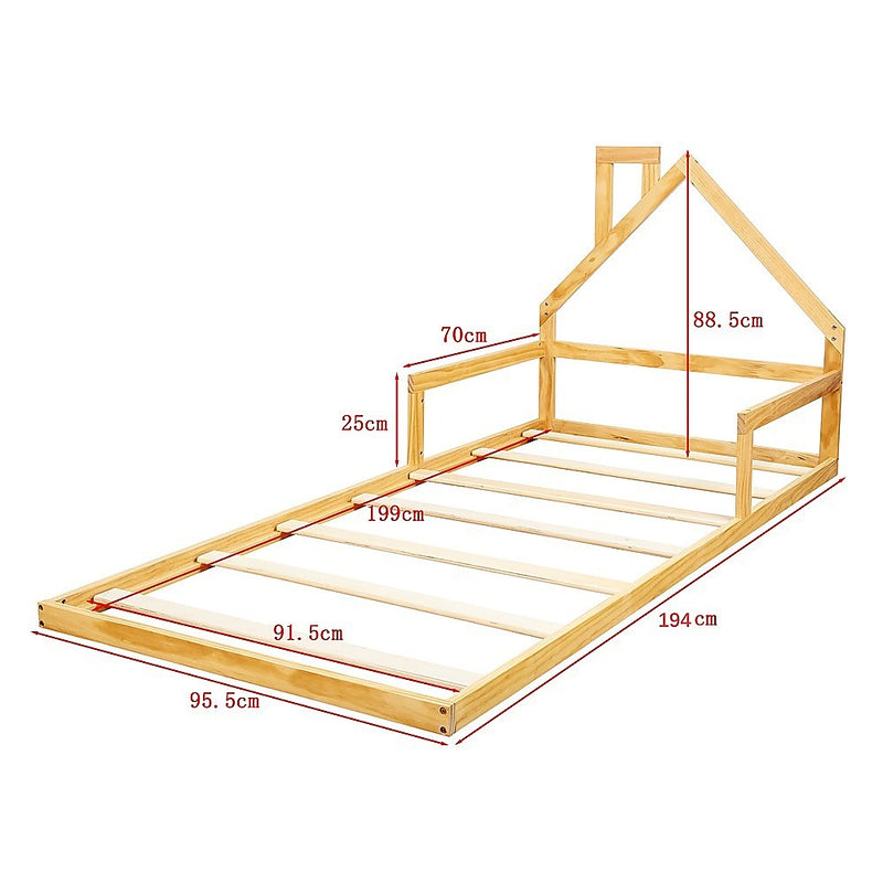 Pine Wood Floor Bed House Frame for Kids and Toddlers